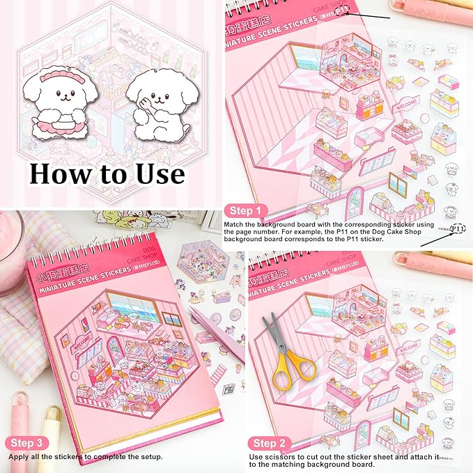 Scene Sticker Book for Kids,20 Sets of 3D Sticker Scenes for Adults Fun Mini Cute Kawaii Stickers Therapy 3D Scenes 3D House Stickers Set Relief Stress Pass The Time