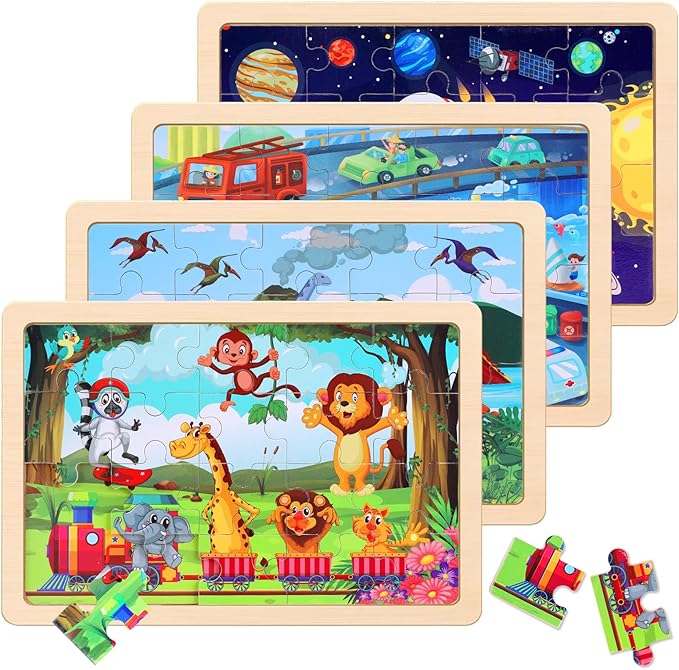 Wooden Educational Jigsaw Puzzles for Preschool Kids Ages 3-5, 4-Pack with 20 Pieces Dinosaur, Space, Transportation Wood Puzzles Set, Toddler Brain Teaser Toys, Gifts for Boys Girls Ages 3 4 5 6