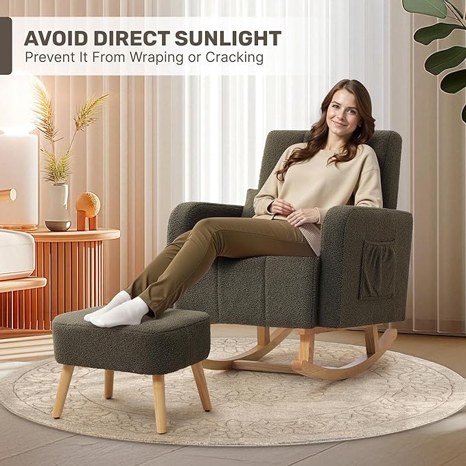 Rocking Chair with Ottoman, Upholstered Nursing Glider Rocker with High Backrest and Side Pocket, Comfy Reading Chair with Solid Wood Legs for Nursery/Living Room/Bedroom Green