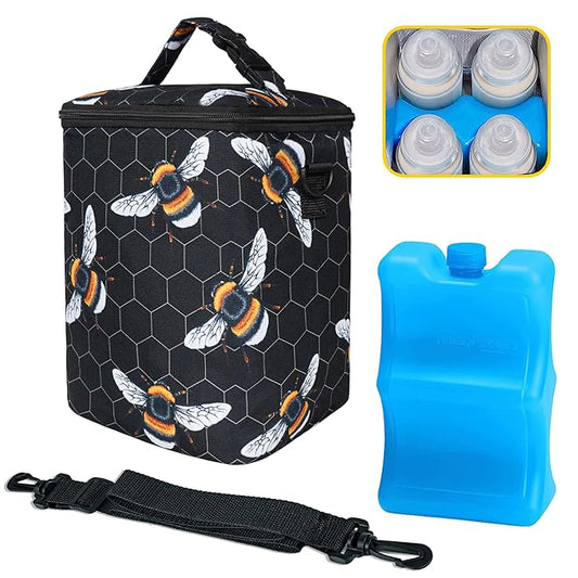 Breastmilk Cooler Bag with Ice Pack Fits 4 Baby Bottles Up to 9 Ounce Insulated Baby Bottle Bag Breast Milk Cooler on The Go with Strap Baby Bottle Cooler Bag for Nursing Mom Daycare or Travel