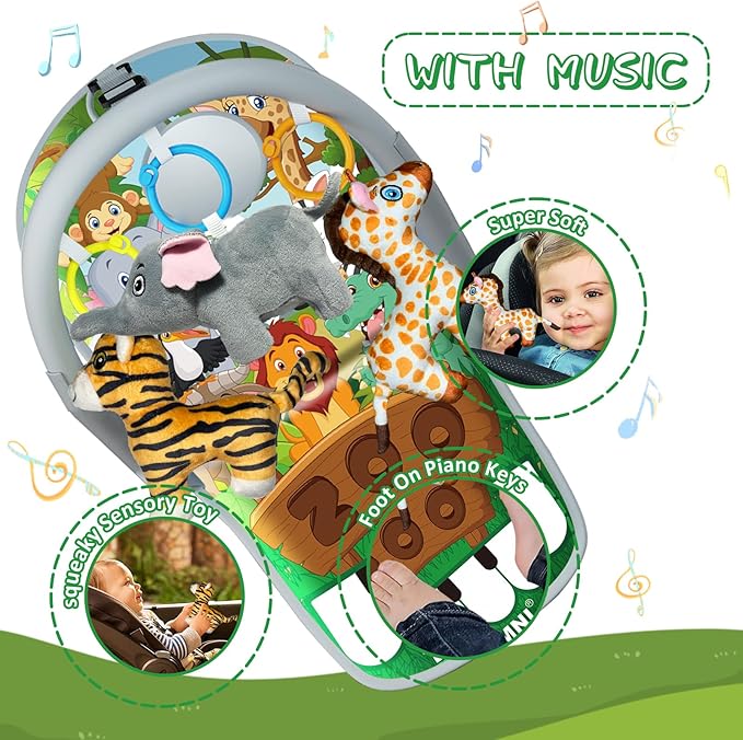 Car Seat Toys for 6-12 Months - Musical Pedal Piano with Baby Mirror, Squeaky Sensory Soft Animal Toys for Rear Facing Carseats