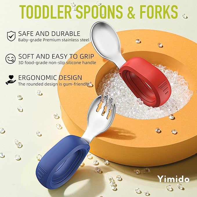 Toddler Utensils Baby Utensils Toddler Forks and Spoons Baby Forks and Spoons Set Kids Stainless Steel Silverware Set Children Safe Forks and Spoons self feedig-Dishwasher Safe(Red+Blue)