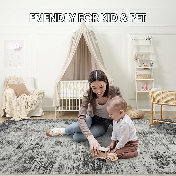 Washable Rug 6x9 Area Rugs, Abstract Washable Rugs with Non-Slip Backing, Stain Resistant Indoor Floor Carpet for Bedroom Dining Room Table Nursery Hallway Home Office-Black/Gray