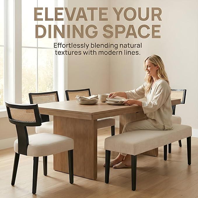 HNY Mid Century Modern Rattan Dining Chairs Set of 6, Farmhouse Linen - Image 7