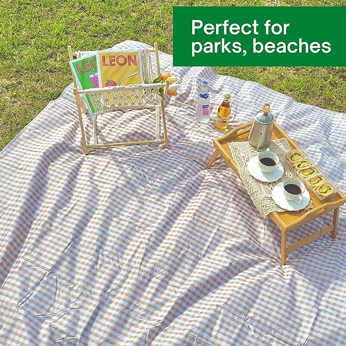 Cute Gingham Picnic Blanket, Waterproof Foldable, in Large 80x60in and Extra Large 80x80in, Portable Compact Beach Blanket, Oversized XL Outdoor Mat (Tan, X-Large)