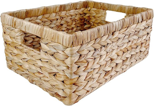 Large Rectangular Handwoven Wicker Basket - Natural Water Hyacinth Storage Baskets with 2 Built-in Handles - Ideal for Towel, Blankets, and Home Organizer & Decor - 16.5"x13"x7.50" - Brown