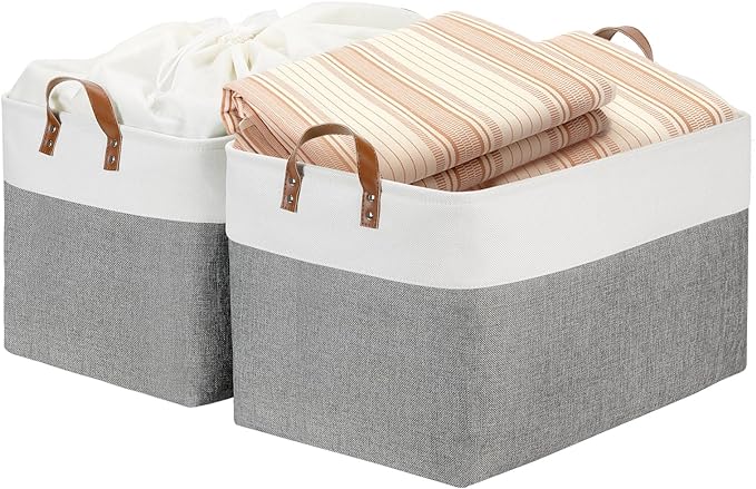 DULLEMELO Extra Large Storage Baskets for Organizing 22"x15"x13" Foldable Fabric Storage Baskets Organizer Bins with Handles Large Storage Basket for Shelves Closet Toys Books (White&Grey)