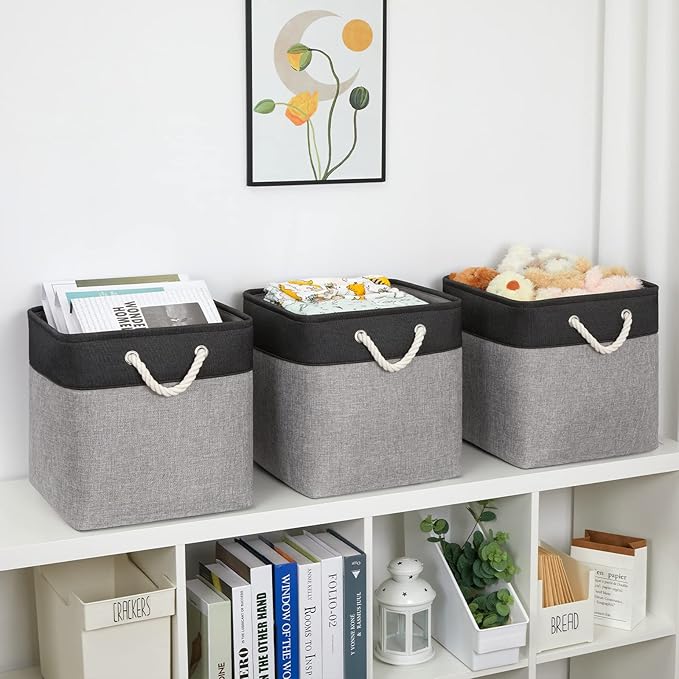 Bidtakay Fabric Cube Storage Bins for Organizing 13x13 Large Storage Baskets Decorative Storage Bins for Home Storage Set of 3 Shelf Organizer Bins for Toy Storage (Black&grey)