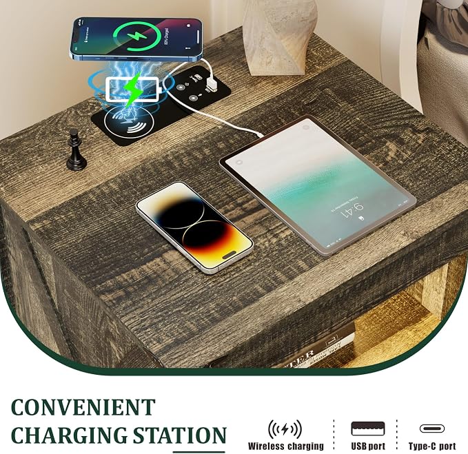 Night Stand Set 2 with Gun Drawer, Bedside Table with Charging Station - Image 4