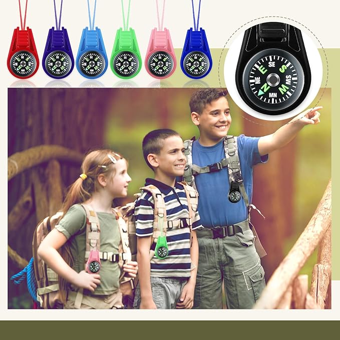 Compass for Kids Hiking and Survival Small Mini Pocket Compasses Keychain Lanyard Boy Scout Party Favor Toy Set, Bulk