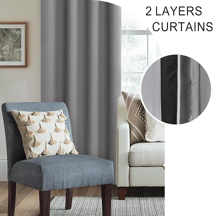XWZO 100% Blackout Curtains with Tiebacks- 2 Thick Layers Completely Shaded Rod Pocket Window Treatment Thermal Insulated Lined Drapes for Bedroom/Laundry Room, Grey, W42 x L72, Set of 2