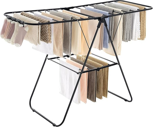 SONGMICS Clothes Drying Rack, with Sock Clips, Metal Laundry Rack, Foldable, Space-Saving, Free-Standing Airer, with 2 Height-Adjustable Gullwings, Indoor Outdoor Use, Black ULLR052B01