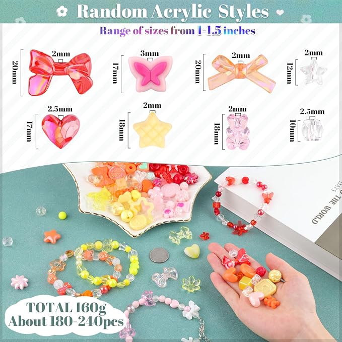 Assorted 180-240PCS Acrylic Beads For Bracelet Making, Flower Bow Butterfly Candy Gummy Bear Kawaii Aesthetic Bracelet Charms,Cute Beads For Jewelry Making DIY Necklace Keychain Phone Charm