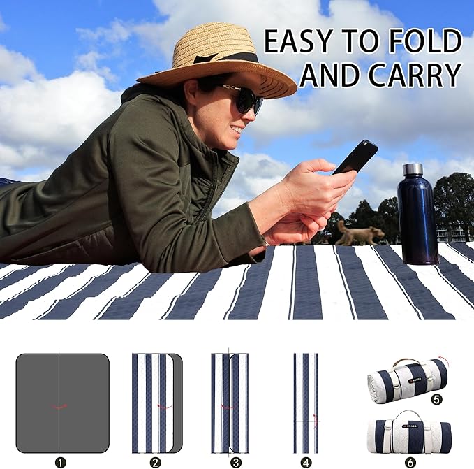HX&OD Outdoor Picnic Blanket Extra Large, 80”x60” Waterproof Picnic Mat Foldable Camping Blanket Portable with Carry Strap for Beach Mat (Bule)