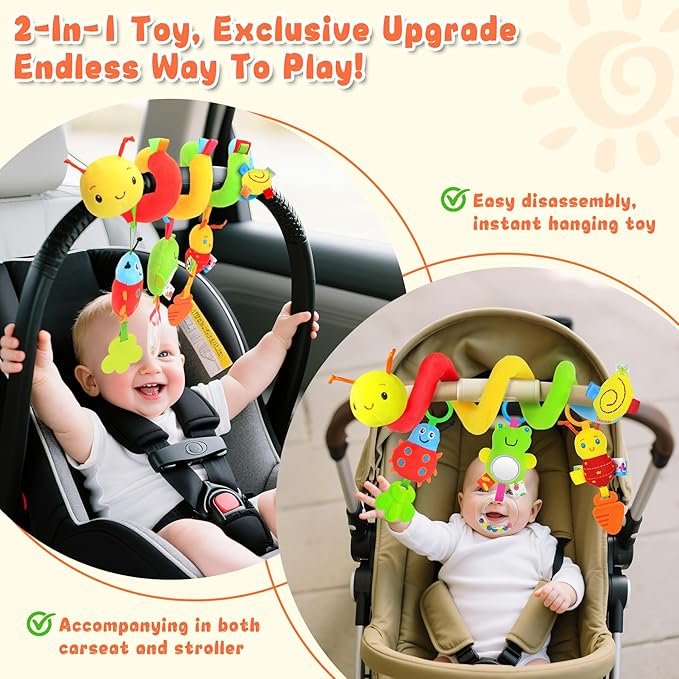 Spiral Car Seat Toys for Infants, 0-6 Months Carseat & Stroller Pram Separable Activity Hanging Toys with Rattle, Teethers, Newborn Soft Plush Travel Toy for Boys Girls Essentials Gifts