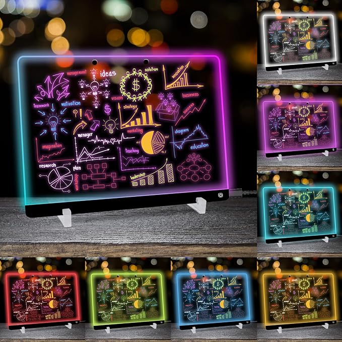 Led Drawing Board for Kids with Stand, Small White Board 14.5"X10.6" 7 Colors Acrylic Dry Erase Board with Light, LED Note Board with Colors, Touch Control, 8 Markers,as Night Light for Festival/Gift