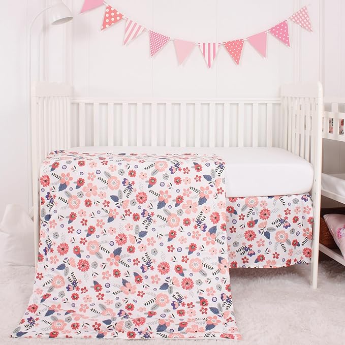 CaSaJa Baby 3-Piece Crib Bedding Set for Boys Girls, Including Soft Quilted Comforter(Blanket), Fitted Crib Sheet and Skirt, Soft Nursery Bedding Set Made of Silky Comfy Materials, Petals Flying