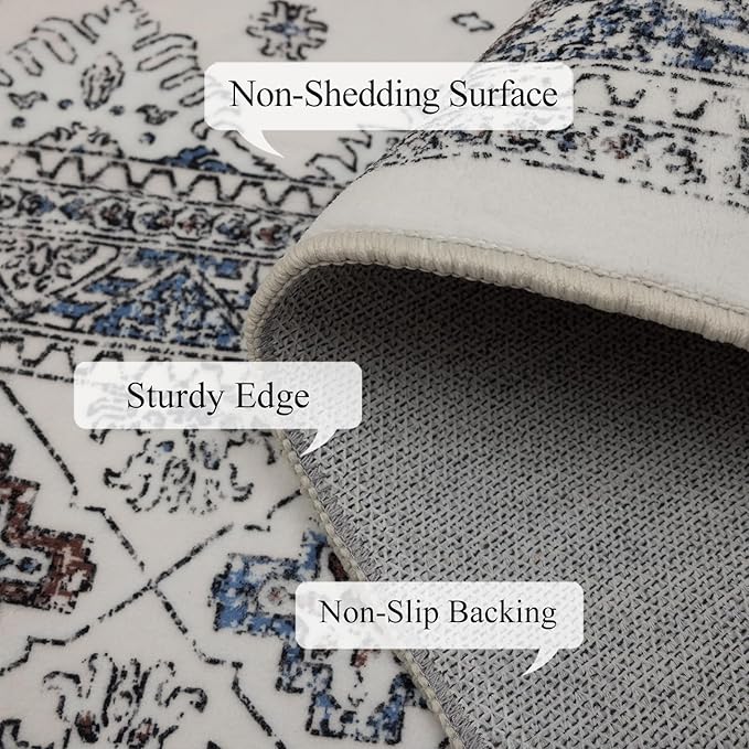 Washable Area Rugs 8x10, Large Rugs for Living Room, Carpet for Bedroom, Soft Faux Wool Retro Dining Room Rug, Non-Slip Backing Resistant Low Pile Vintage Print Rug for Home Office (White Cream/Gray)