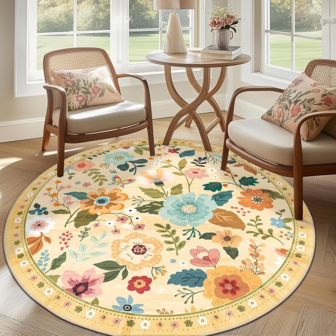 Floral 8ft Area Rug Machine Washable Soft Print Boho Carpet Non Slip Doormat Low Pile Flower Area Rugs for Living Room Bedroom Nursery Kitchen Dining Room Indoor-Ivory/Yellow