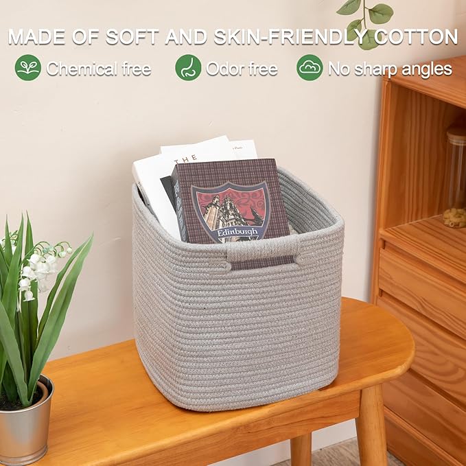 OIAHOMY Storage Cubes 11 Inch Bins-3-Pack, Cotton Rope Woven Baskets for Organizing, Square Storage Baskets for Shelves, Classroom, Kids Toy Bins, Closet, Baby Nursery-Grey