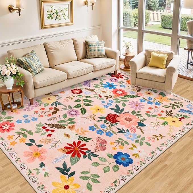 10x14 Area Rugs for Living Room: Floral Washable Rug Vintage Large Soft Boho Non-Slip Carpet Stain Resistant Low Pile Carpets for Bedroom Dining Room Farmhouse Nursery Hallway Home Office Beige