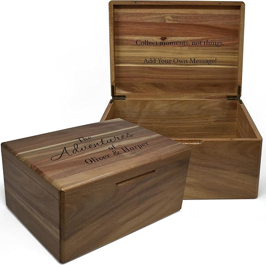 Our Adventure Travel Memory Box - Personalized Travel Couple Gift, Acacia Wood Chest Trunk for Couples Adventure Keepsakes, Honey Moon Trip Keepsake Box for Tickets, Valentine's Gifts, 11,5x8,5x5,5 in