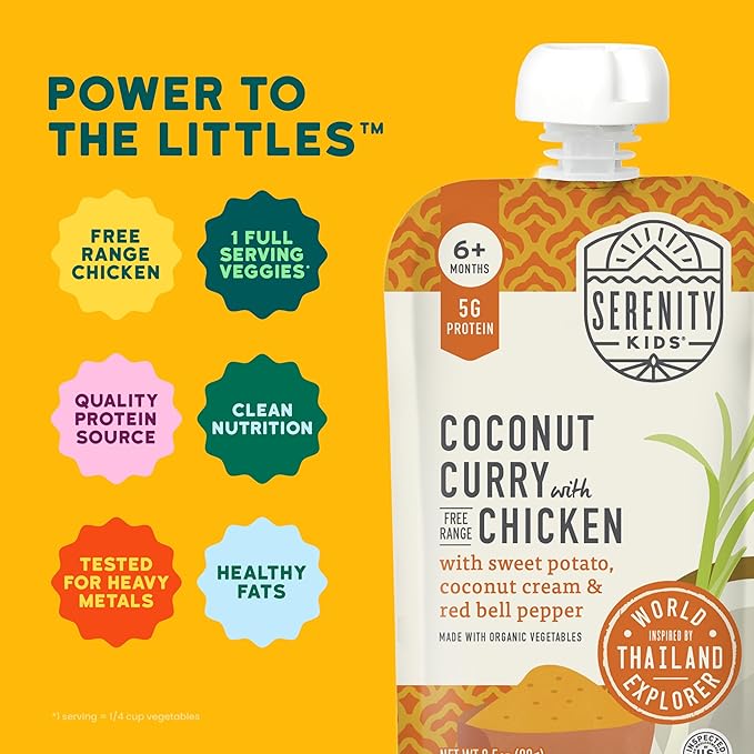 Serenity Kids 6+ Months World Explorers Coconut Curry Chicken Baby Food Pouch - BPA-Free Pouches - Ethically Sourced Meats & Organic Veggies - GMO-Free Savory Blend - 3.5 Oz, 12 Pack