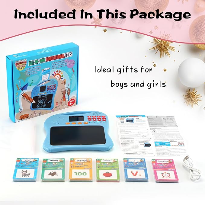 Kids Educational Learning Toys with Math Games,Talking Flash Cards and Writing Drawing Tablet, Speech Therapy Autism Sensory Toys Gifts for Toddler Preschool Activities Boys Girls Ages 3-10 (Blue)