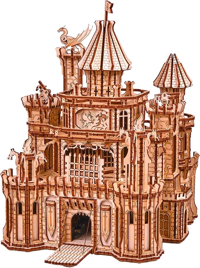 Wood Trick Dragon Castle Movable Wooden 3D Puzzles for Adults and Kids to Build - Red LED - Greensleeves Melody - Towers Rotating - Engineering DIY Project Mechanical Model Kits for Adults