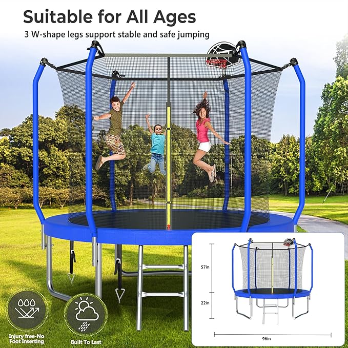 Upgraded Trampoline 8FT/10FT/12FT/14FT With Basketball Hoop, Light, Sprinkler, Stakes - Outdoor Backyard for 4-6 Kids and Adults