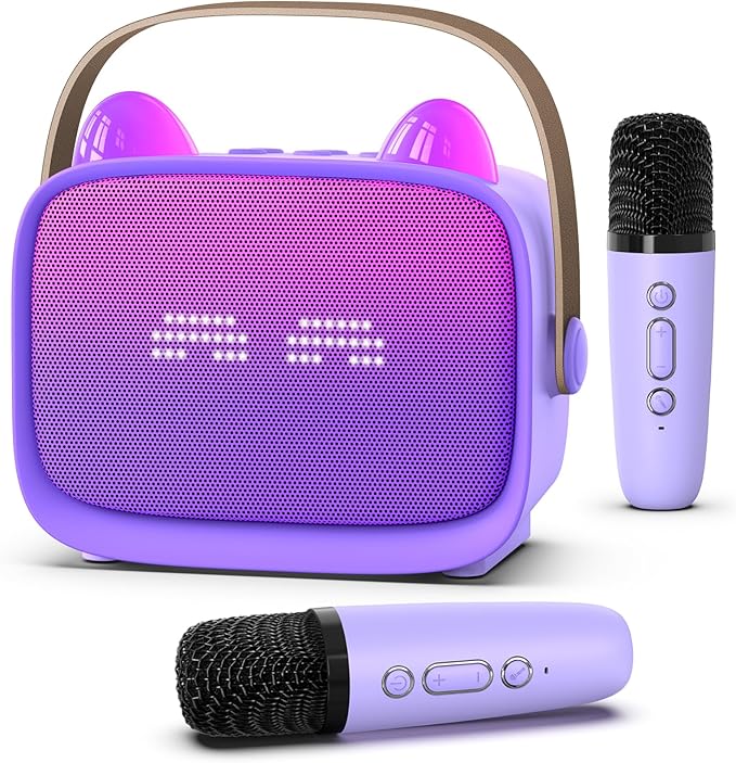 Mgaolo Upgraded Mini Karaoke Machine Toy for Kids, Portable Bluetooth Speaker with 2 Wireless Mics, Emoji & Colorful LED Lights, Home Travel & Party Play Gifts for Boys Girls (Purple)