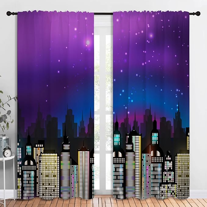 Superhero Rod Pocket Blackout Curtains for Boy Girl Bedroom, Super City Skyline Buildings Night Panorama Home Energy Efficient Light Filtering Window Curtain for Living Room, 84x84 inch