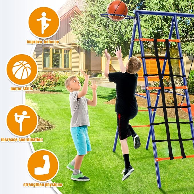 Swing Set for Backyard 550lbs - 6 in 1 Playground Sets for Backyards Safe Platform Swing for Kids Outdoor Heavy Duty Metal Frame with 3 Adjustable Swings Climbing Net Climbing Ladder Basketball Hoop