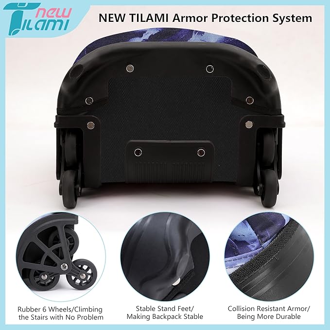 NEW TILAMI 18 inch Rolling Backpack Boys for School – Durable, Waterproof, Adjustable Handle, Stair Climbing, Variety of Colors & Patterns, Lightning Purple