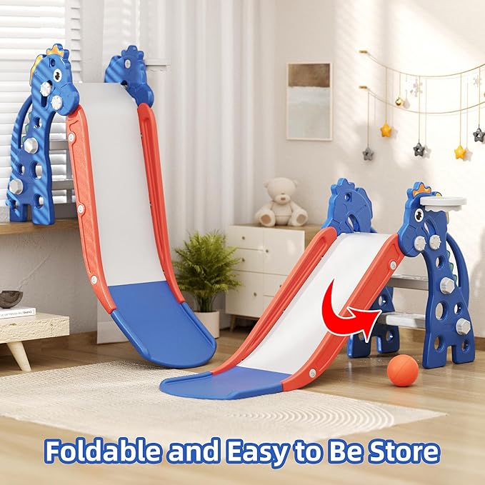 67i Toddler Slide for Indoor & Outdoor Play with Basketball Hoop, Anti-Slip Steps, 46.8in Baby Climber (Blue)