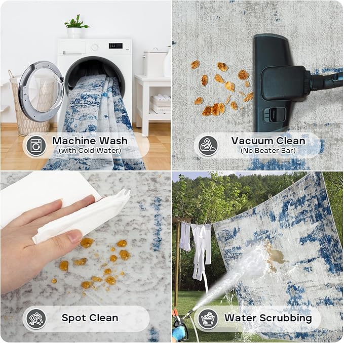 5x7 Area Rugs for Living Room Rug Washable: Modern Rug for Dining Room Bedroom Carpet Non Slip Low Pile 5 by 7 Indoor Abstract Nursery Home Office Blue White