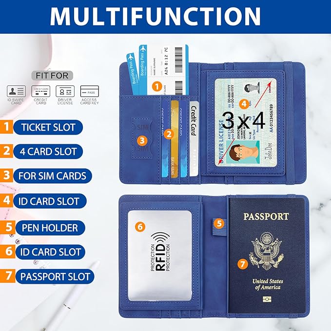 Melsbrinna Rfid Passport Holder for Travel women/Men, Cute Passport Wallet Rfid Blocking Card Slots, Rfid Passport Cover/CaseTravel Wallet, Passport Book Holder (1, Blue5)