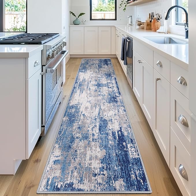 Washable Area Rugs 2'x8' Non-Slip Modern Abstract Soft for Living Room Entryway Bedroom Nursery, Print Pattern, Blue Grey Navy Gray