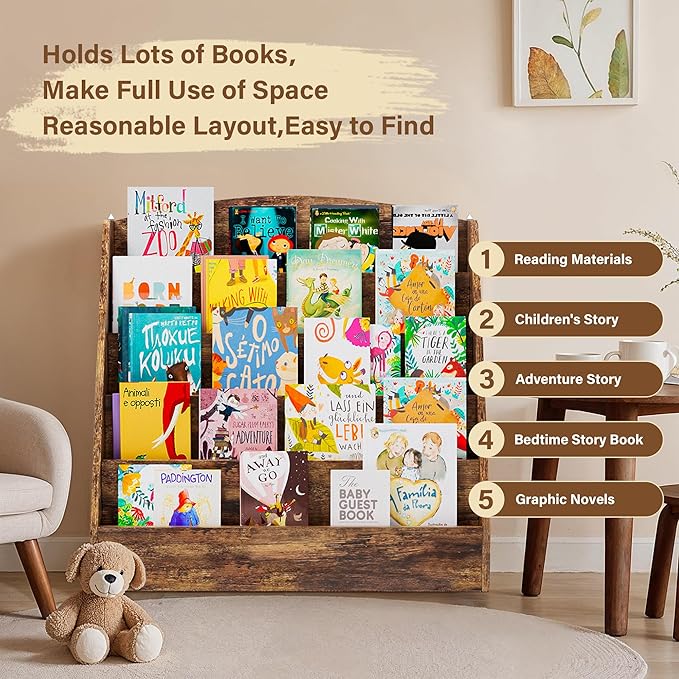 TOETOL 5-Tier Kids Bookshelf - Toddler Book Display Shelves for Classrooms, Playrooms, and Nursery - Wooden Children Book Rack (Rustic Brown)