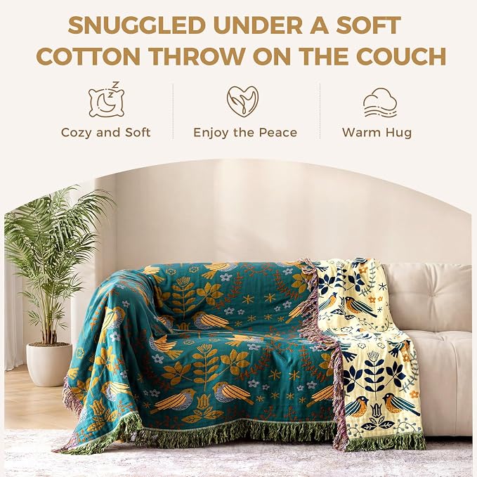 LUTBM King Throw Blanket for Bed 100% Cotton Boho Soft Rustic Quilt Birds and - Image 3