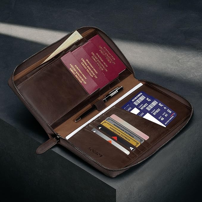 TORRO Premium Leather Family Travel Wallet, RFID Blocking Travel Organizer, Family Passport Holder for 4 Passports, Travel Documents and Cards (Dark Brown)