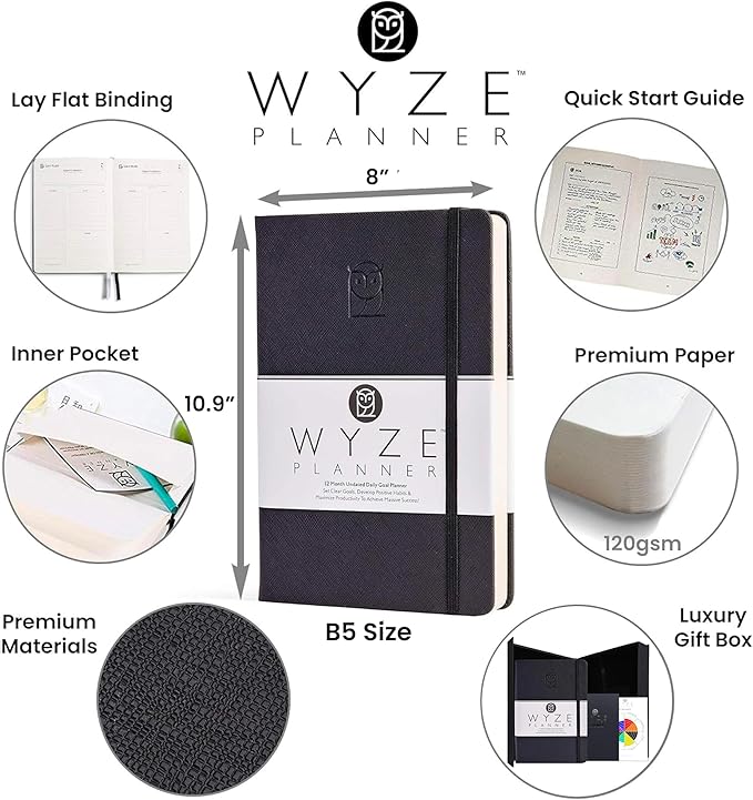 Undated Daily Planner – 1-Year B5 Productivity Organizer with Two-Page Weekly Spread, Goal Setting, Habit Tracker, Weekly & Monthly Pages – Hardcover Time Management Notebook (Black)