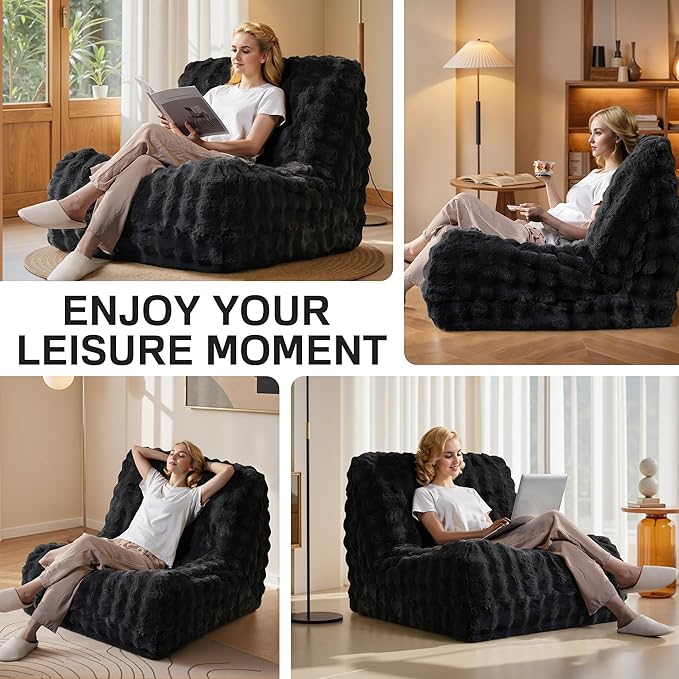 Modern Bean Bag Chair, Large Bean Bag Couch for Adults with Memory Foam Filled, Soft Faux Bunny Fur Lazy Chair for Living Room Bedroom Dorm Apartment, No Assembly Required, Dark Grey