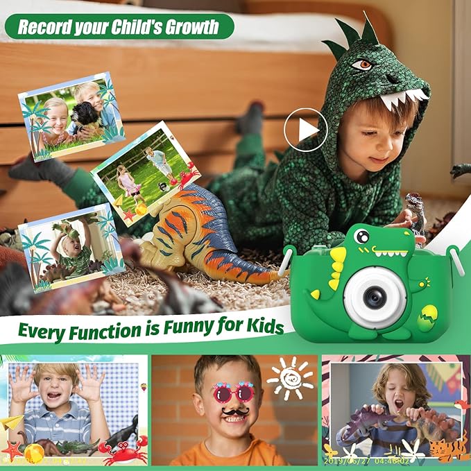 Upgrade Dinosaur Kids Camera, Christmas Birthday Gifts for Girls Boys 3-12, 1080P HD Selfie Digital Video Camera for Toddlers, Cute Portable Little Girls Boys Gifts Toys for 3 4 5 6 7 8 9 Years Old