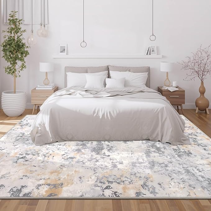 8x10 Grey Area Washable Rugs for Living Room, Abstract Modern Non Slip Bedroom Rugs, Neutral Large Low Pile Carpet Stain Resistant for Dining Room, Kids Playroom, Office
