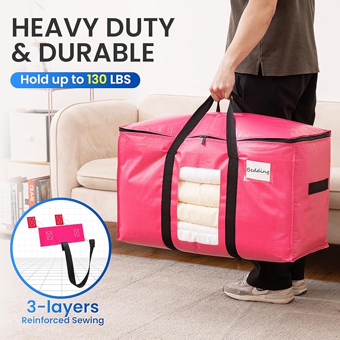 TAILI 10 Pack Pink Extra Large Moving Bags, Heavy Duty Totes with Visible Window, Wrap Around Handles, Ideal for Storage, Space-Saving