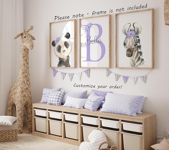 Personalized Safari Animals for Baby Girls Nursery, Set of 3 Unframed Poster Prints, Personalized Name Pink Lilac Floral, Girls Bedroom Decor, Elephant Giraffe (9x12)
