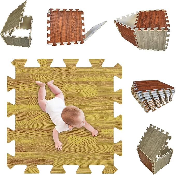 Skyweaver 12 Tiles Soft Non-Toxic Baby Play Mat for Floor EVA Foam Jigsaw Puzzle Play Mat, Interlocking Squares with 0.6inch for Babies, Toddlers & Kids Gym, Nursery, Playroom, Light Brown