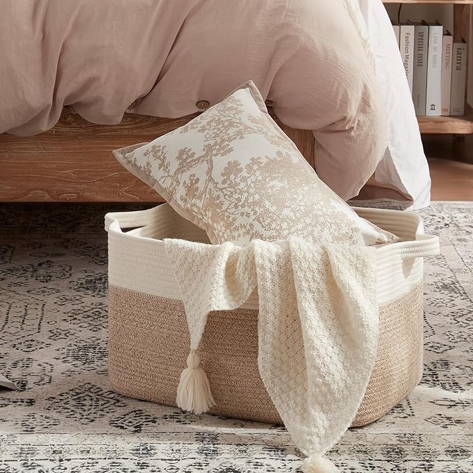 OIAHOMY 65L Blanket Basket, Cotton Rope Woven Blanket storage for Living Room, Rectangle Woven Baskets for Storage, 20''×16''×12'', Brown and White
