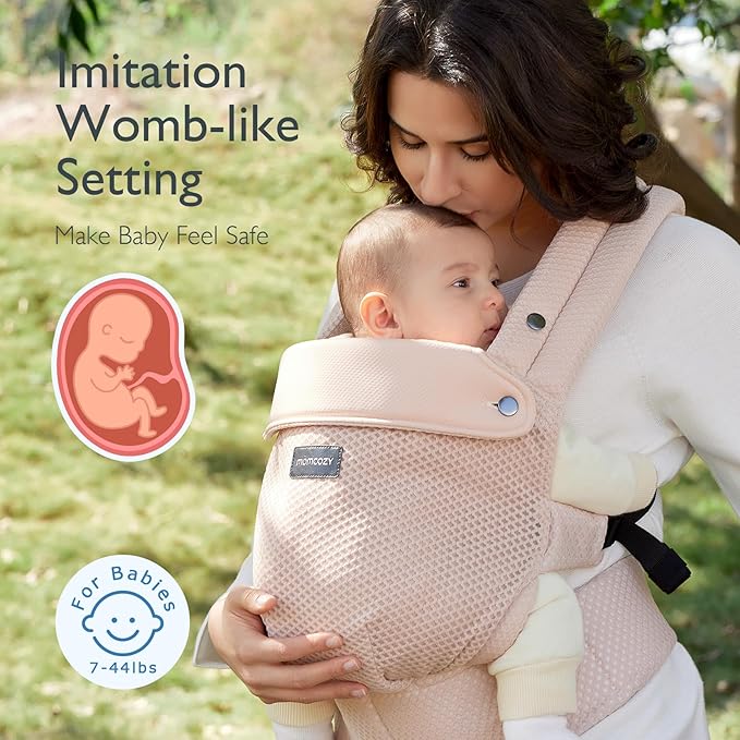 Momcozy Breathable Mesh Baby Carrier, Ergonomic and Lightweight Infant Carrier for 3-24 Months with Enhanced Lumbar Support, All Day Comfort for Hands-Free Parenting, Air Mesh-Pink